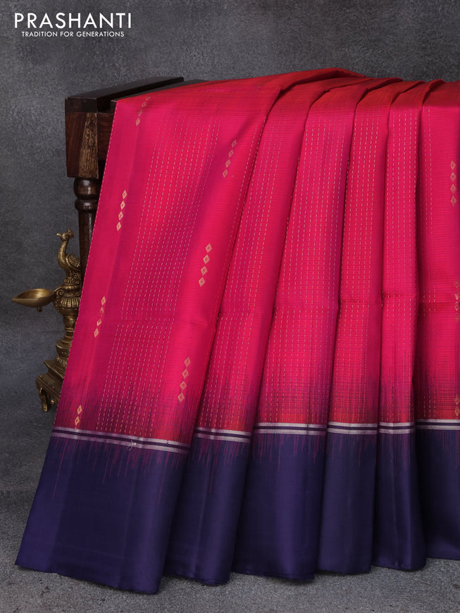 Pure soft silk saree dual shade of pink and blue with allover zari weaves and silver zari woven simple border