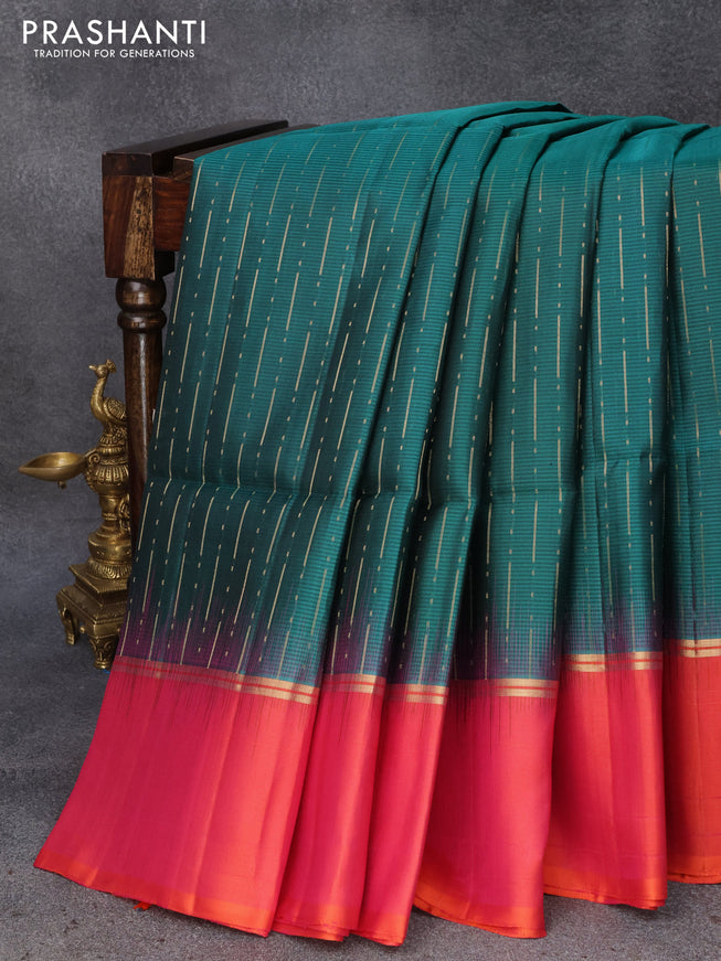 Pure soft silk saree peacock green and dual shade of pinkish orange with allover zari weaves and zari woven simple border