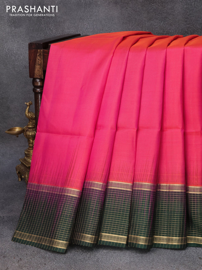 Pure soft silk saree dual shade of pinkish orange and bottle green with plain body and zari checked border
