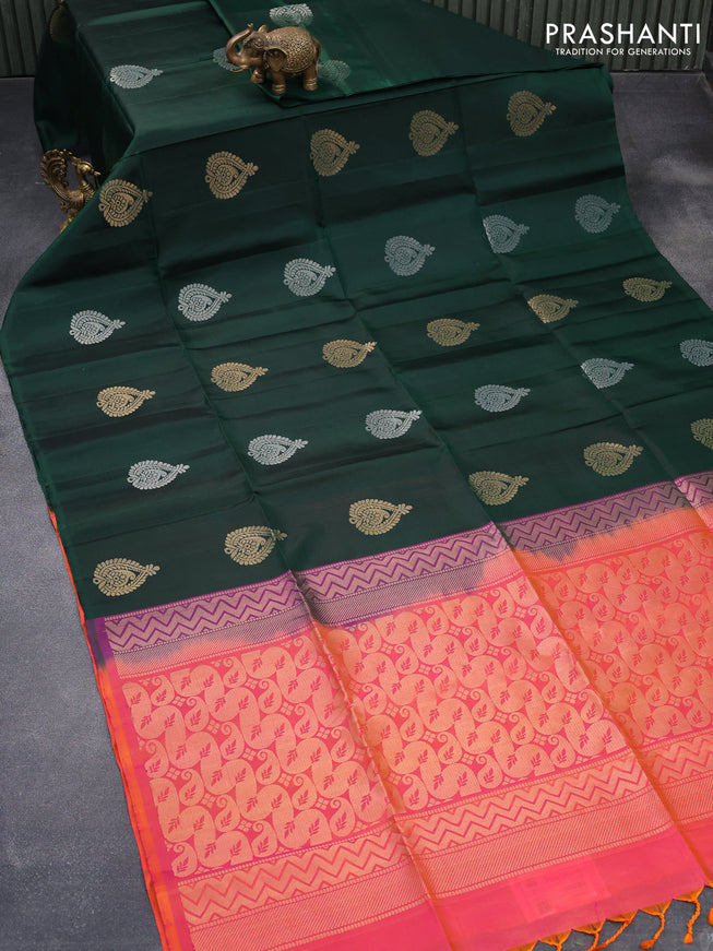 Pure soft silk saree bottle green and dual shade of pinkish orange with silver & gold zari woven buttas in borderless style
