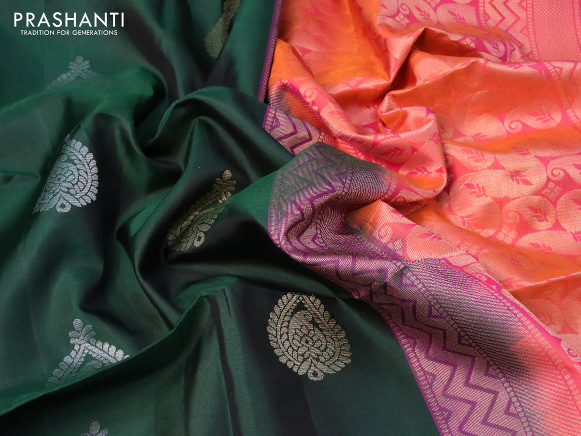 Pure soft silk saree bottle green and dual shade of pinkish orange with silver & gold zari woven buttas in borderless style