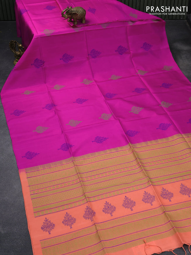 Pure soft silk saree pink and orange with thread woven buttas in borderless style