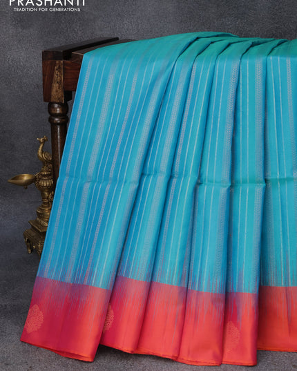 Pure soft silk saree dual shade of cs blue and dual shade of pinkish orange with silver & copper zari weaves and zari woven butta border