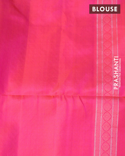 Pure soft silk saree dual shade of cs blue and dual shade of pinkish orange with silver & copper zari weaves and zari woven butta border