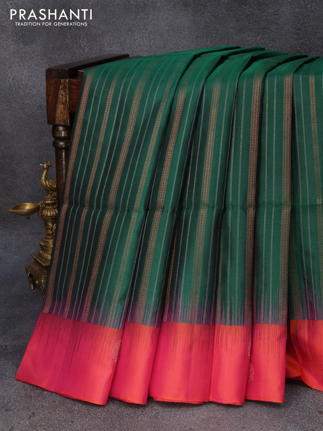 Pure soft silk saree bottle green and dual shade of pinkish orange with silver & copper zari weaves and zari woven butta border