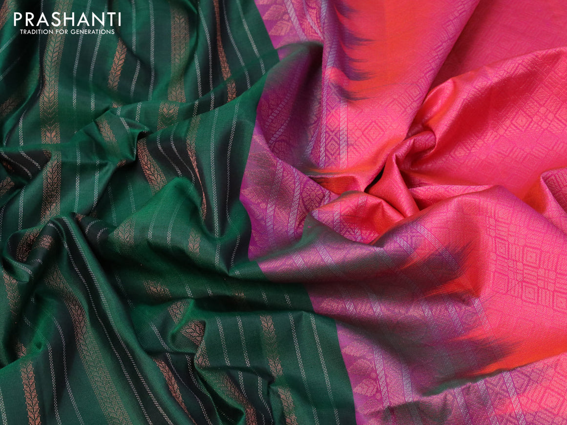 Pure soft silk saree bottle green and dual shade of pinkish orange with silver & copper zari weaves and zari woven butta border