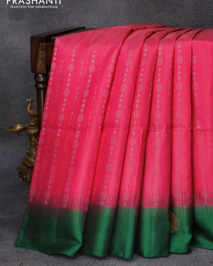 Pure soft silk saree dual shade of pinkish orange and green with silver & copper zari weaves and simple border