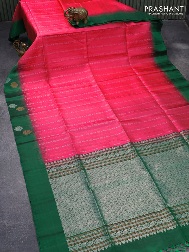Pure soft silk saree dual shade of pinkish orange and green with silver & copper zari weaves and simple border