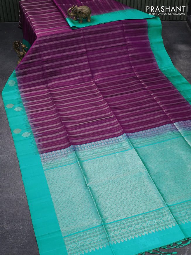Pure soft silk saree purple and teal blue with silver & copper zari weaves and simple border