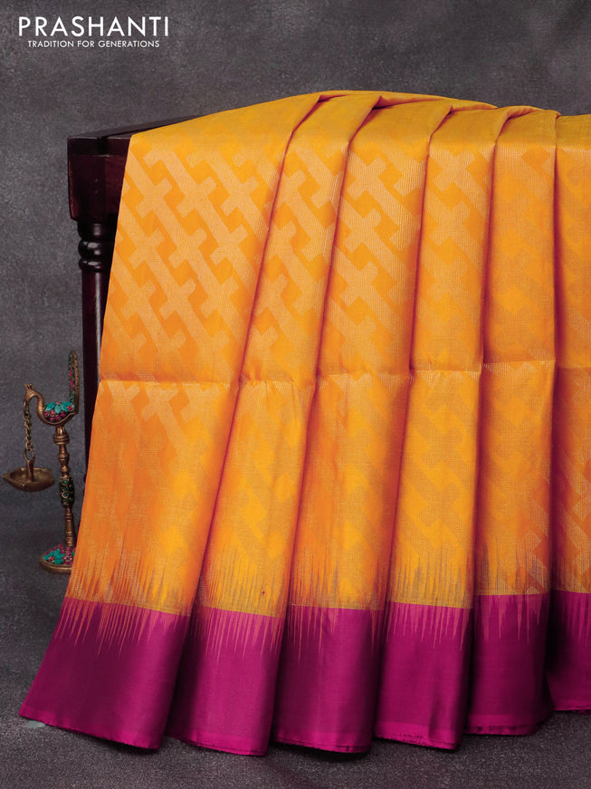 Pure soft silk saree mango yellow and dark magenta pink with allover silver zari woven geometric weaves and simple border
