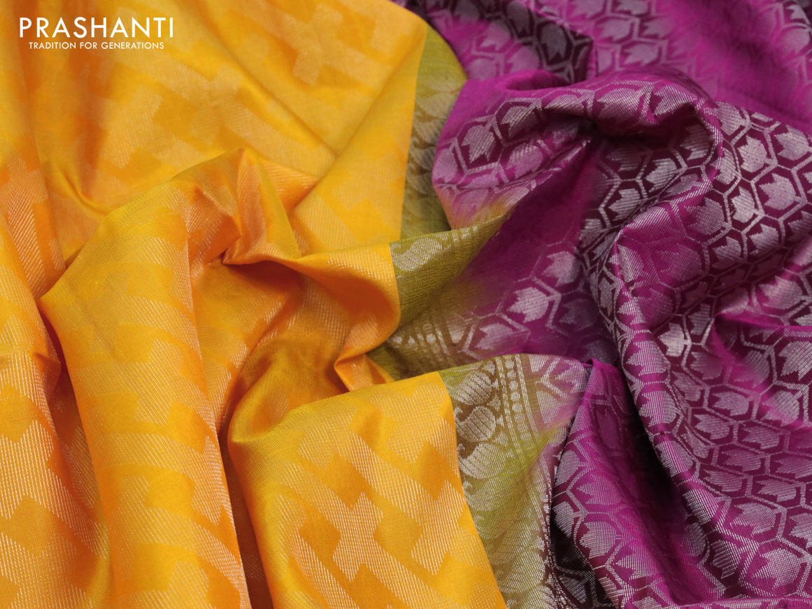 Pure soft silk saree mango yellow and dark magenta pink with allover silver zari woven geometric weaves and simple border