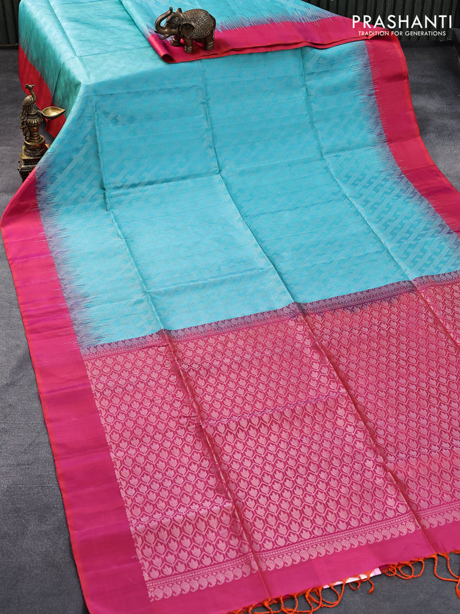 Pure soft silk saree light blue and dual shade of pinkish orange with allover silver zari woven geometric weaves and simple border