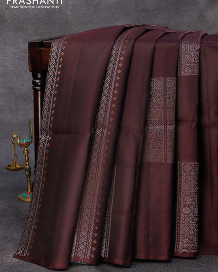 Pure soft silk saree coffee brown and teal blue with allover silver zari weaves in borderless style