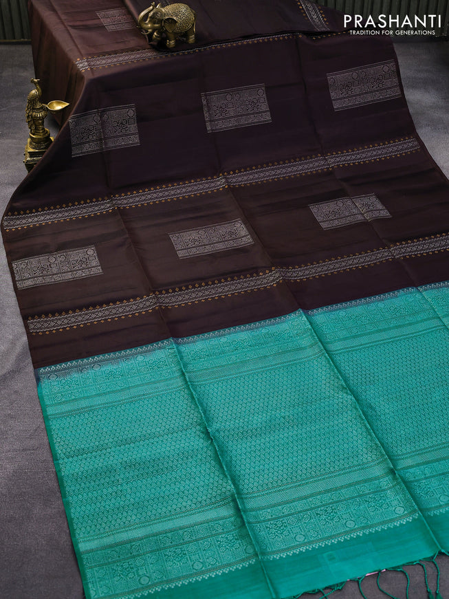 Pure soft silk saree coffee brown and teal blue with allover silver zari weaves in borderless style