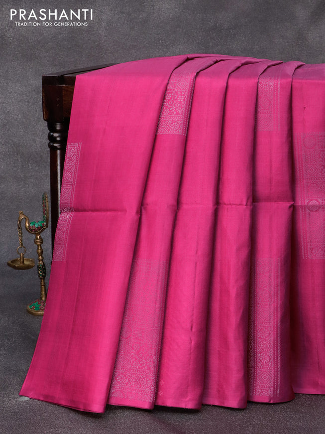 Pure soft silk saree pink shade and teal blue with allover silver zari weaves in borderless style