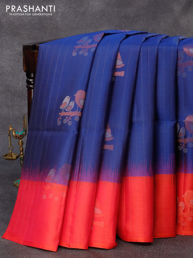 Pure soft silk saree blue and dual shade of pinkish orange with allover silver zari weaves & buttas and zari woven butta border