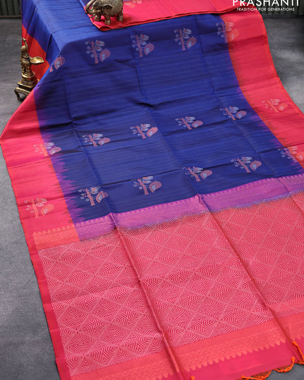Pure soft silk saree blue and dual shade of pinkish orange with allover silver zari weaves & buttas and zari woven butta border