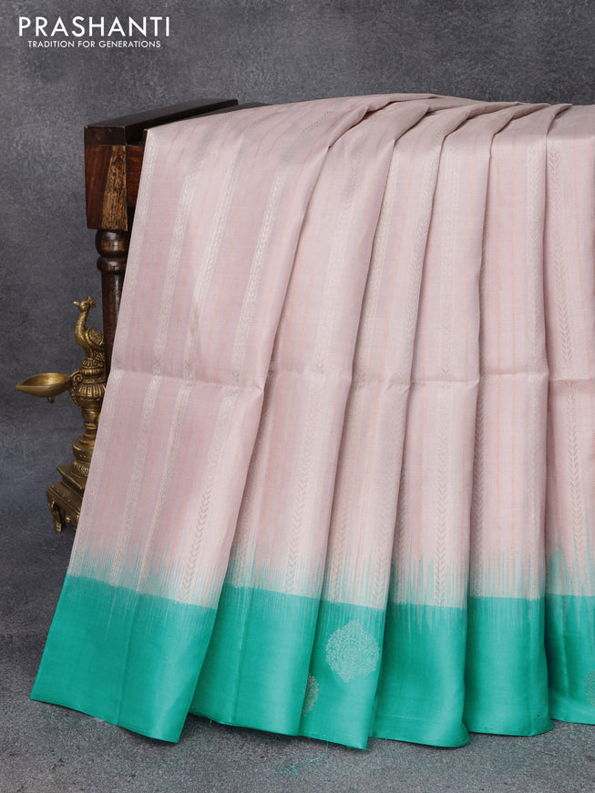 Pure soft silk saree pastel grey and teal blue with silver & copper zari weaves and simple border
