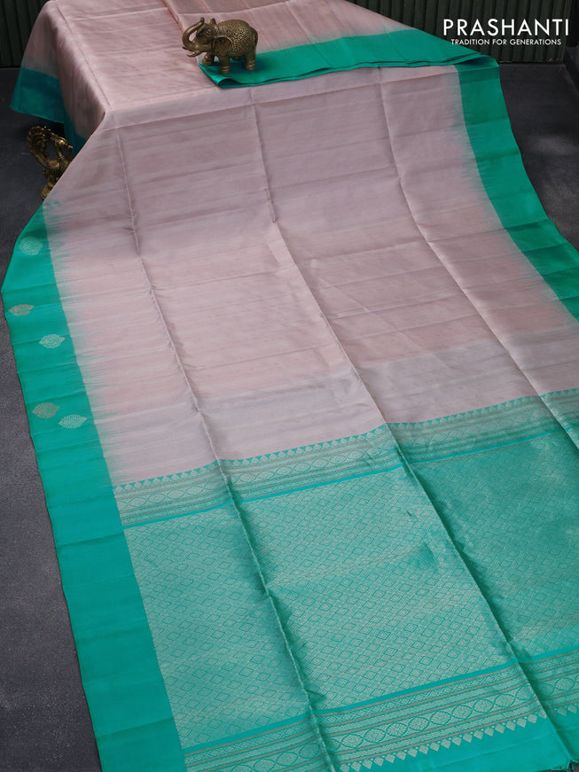 Pure soft silk saree pastel grey and teal blue with silver & copper zari weaves and simple border