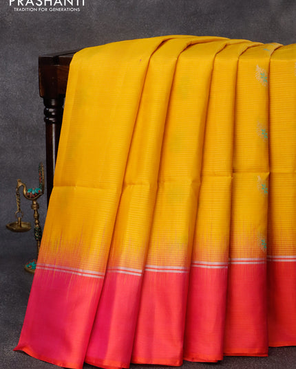 Pure soft silk saree mustard yellow and dual shade of pinkish orange with silver zari woven buttas and silver zari woven simple border
