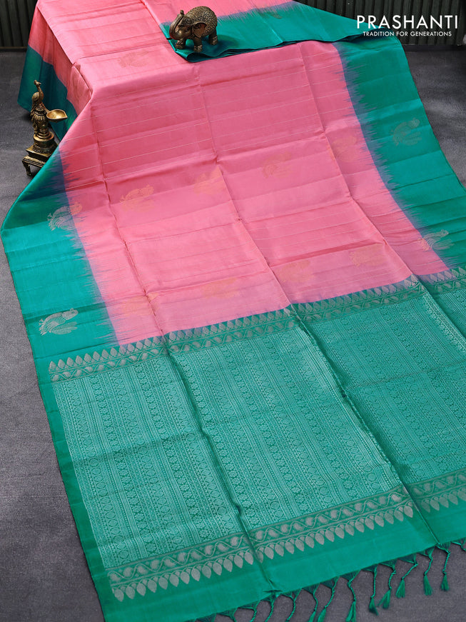 Pure soft silk saree light pink and teal blue with allover silver zari weaves & annam buttas and simple border