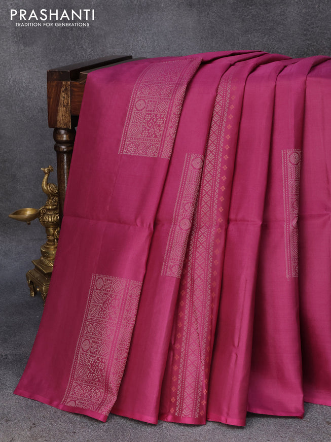 Pure soft silk saree dark magenta pink and teal green with allover silver zari weaves in borderless style