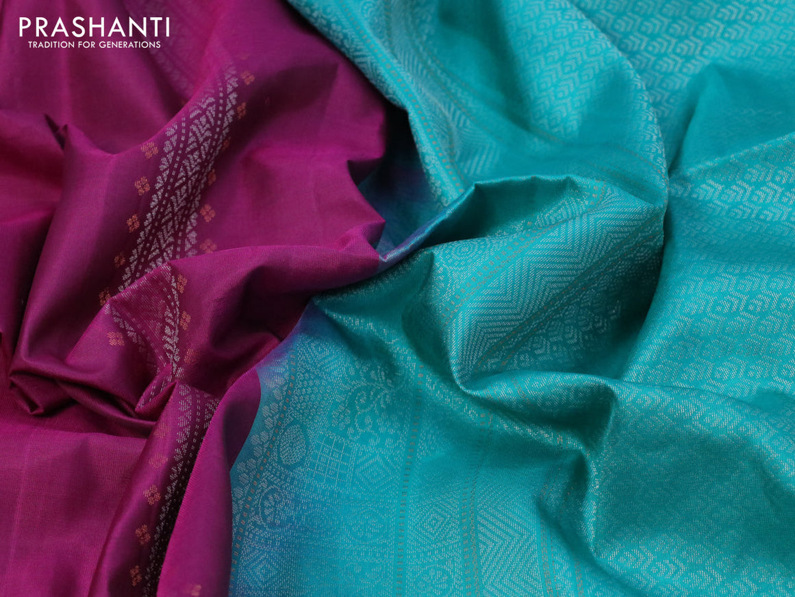 Pure soft silk saree dark magenta pink and teal green with allover silver zari weaves in borderless style