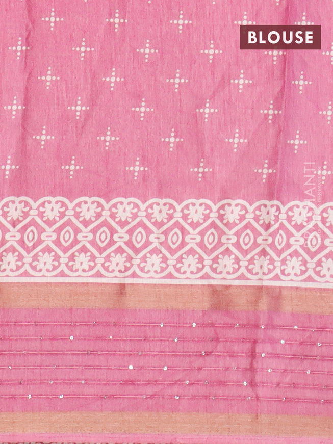 Semi dola saree pink with allover floral butta prints and zari woven sequin work border