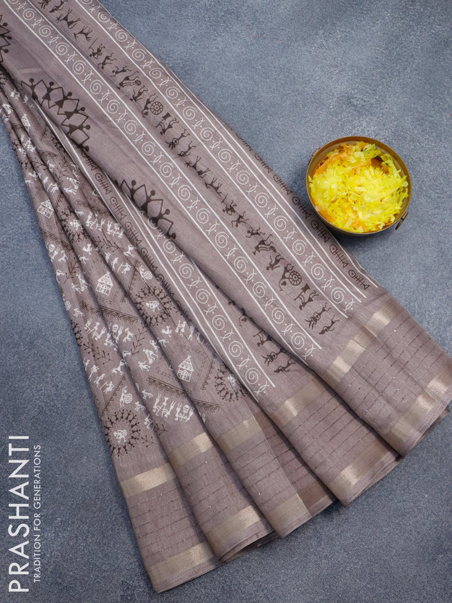 Semi dola saree grey with allover warli prints and zari woven sequin work border