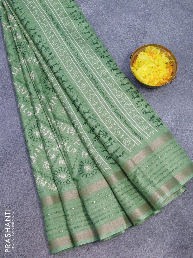 Semi dola saree green with allover warli prints and zari woven sequin work border