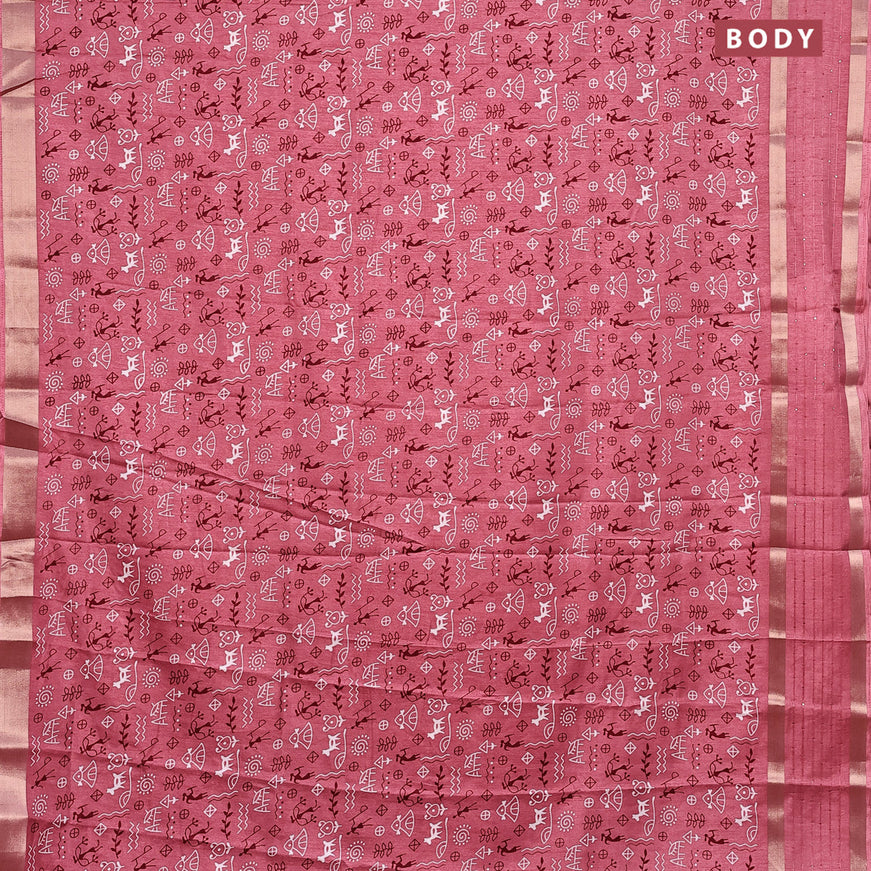 Semi dola saree pink shade with allover warli prints and zari woven sequin work border