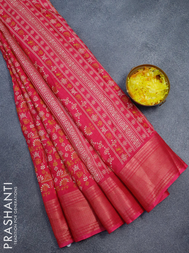 Semi dola saree pink with allover warli prints and zari woven border