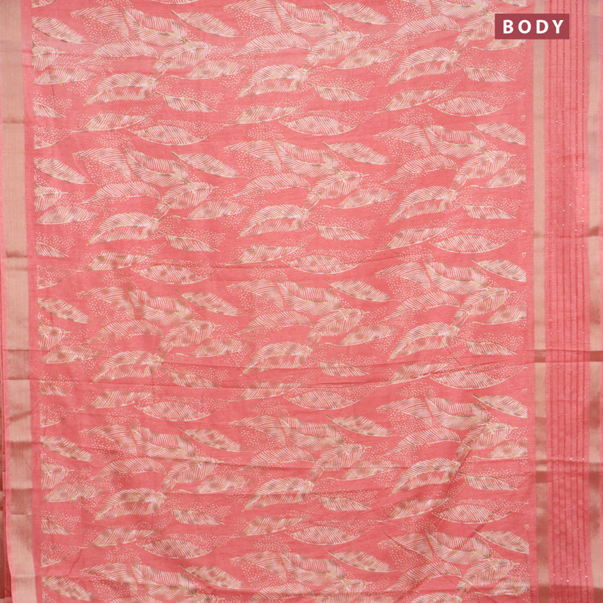 Semi dola saree pink with allover feather prints and zari woven sequin work border