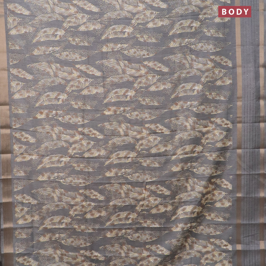 Semi dola saree grey with allover feather prints and zari woven sequin work border