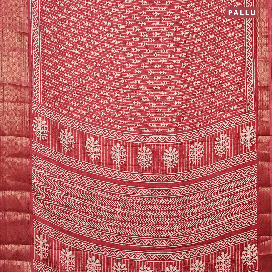 Semi dola saree red shade with allover batik butta prints and zari woven border
