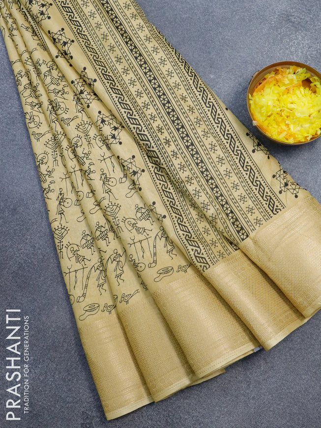 Semi dola saree sandal with allover warli prints and zari woven border