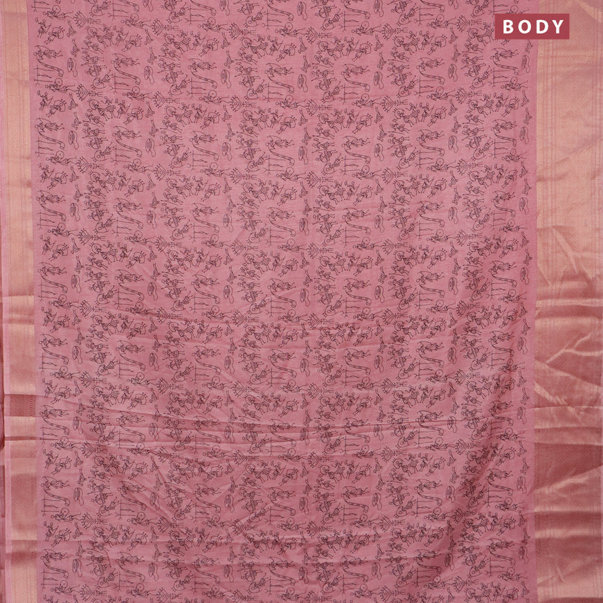 Semi dola saree mauve pink with allover warli prints and zari woven border