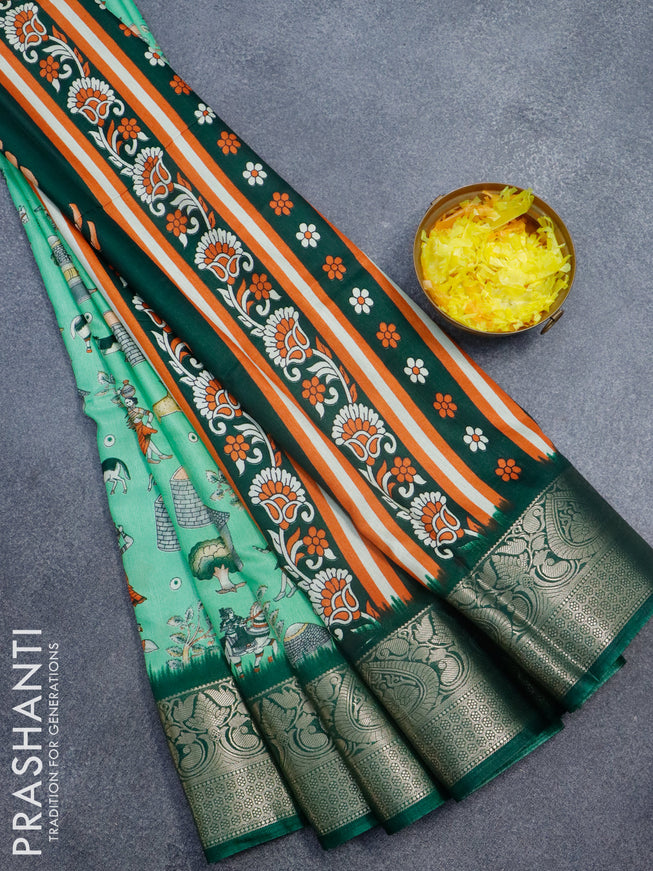 Semi dola saree light green and green with allover prints and zari woven border