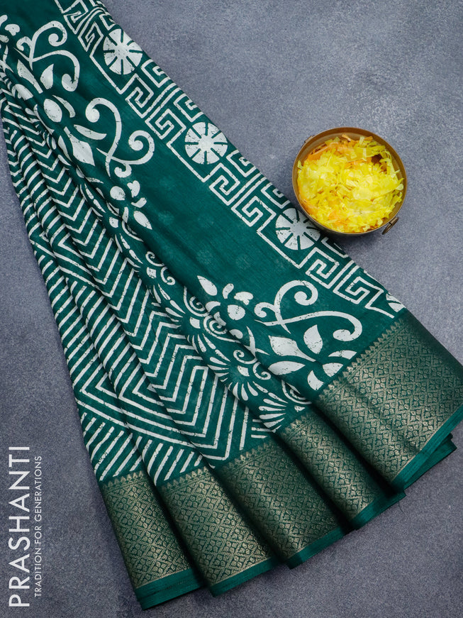 Semi dola saree green with allover geometric prints and zari woven border