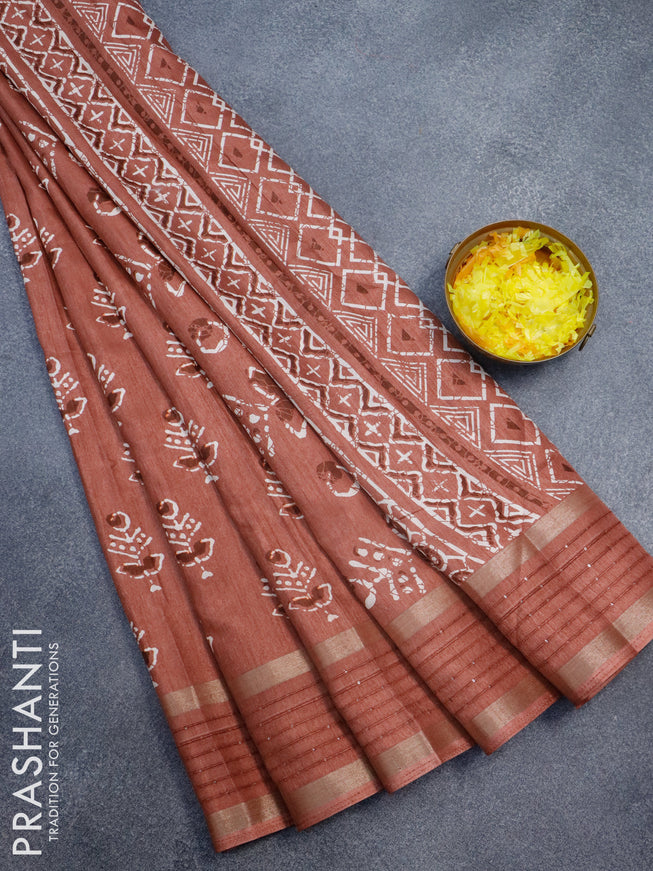 Semi dola saree brown with allover butta prints and zari woven sequin work border