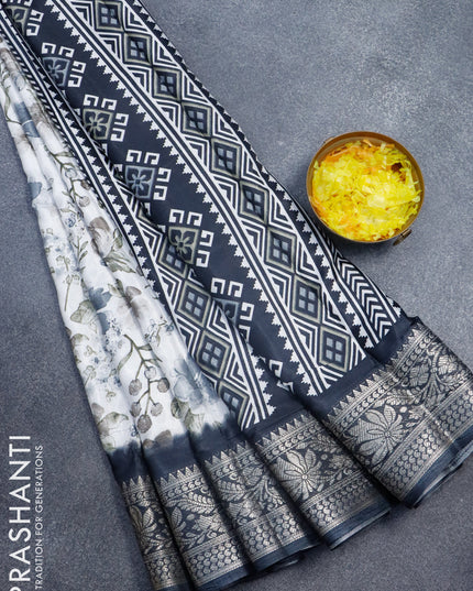 Semi dola saree off white and grey with allover floral prints and floral zari woven border