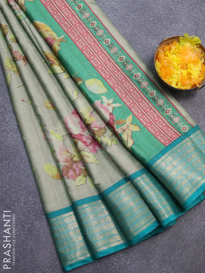 Semi kanjivaram silk saree pastel green and teal green with allover floral digital prints and zari woven border