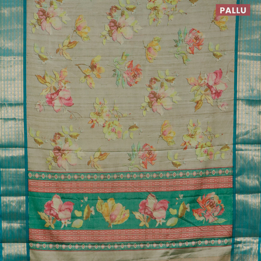 Semi kanjivaram silk saree pastel green and teal green with allover floral digital prints and zari woven border