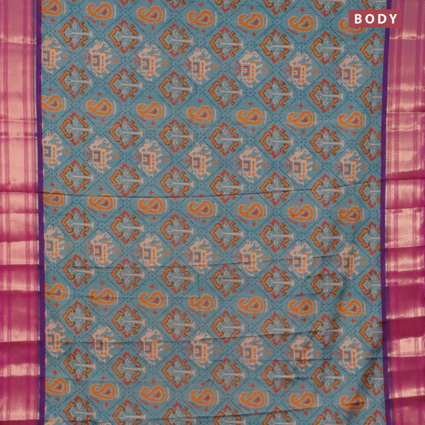 Semi kanjivaram silk saree blue shade and purple with allover ikat digital prints and zari woven border