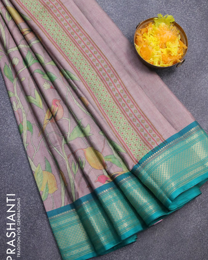 Semi kanjivaram silk saree mild purple and teal green with allover floral digital prints and zari woven border