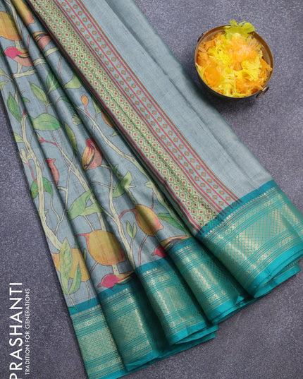 Semi kanjivaram silk saree grey shade and teal green with allover digital prints and zari woven border