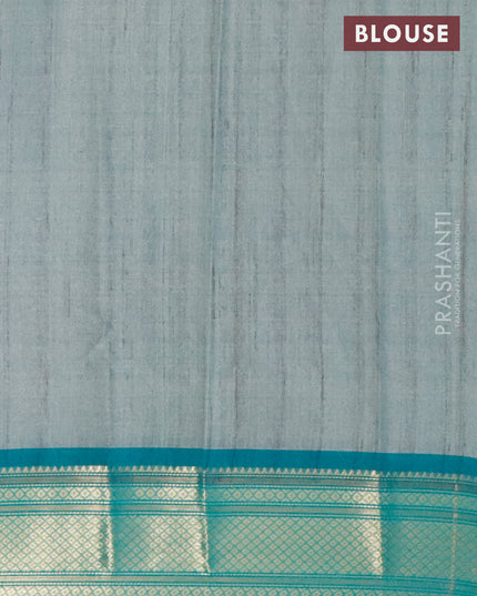 Semi kanjivaram silk saree grey shade and teal green with allover digital prints and zari woven border