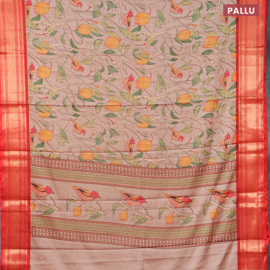 Semi kanjivaram silk saree beige and red with allover digital prints and zari woven border