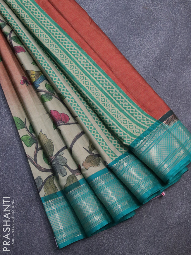 Semi kanjivaram silk saree sandal and teal green with allover floral digital prints and zari woven border