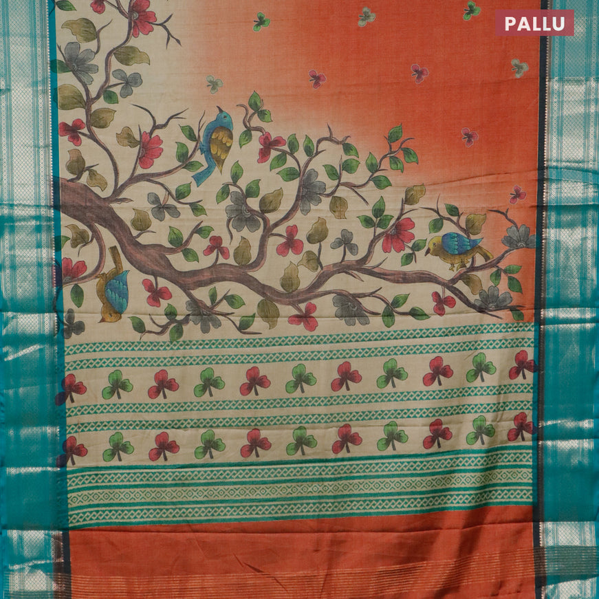 Semi kanjivaram silk saree sandal and teal green with allover floral digital prints and zari woven border